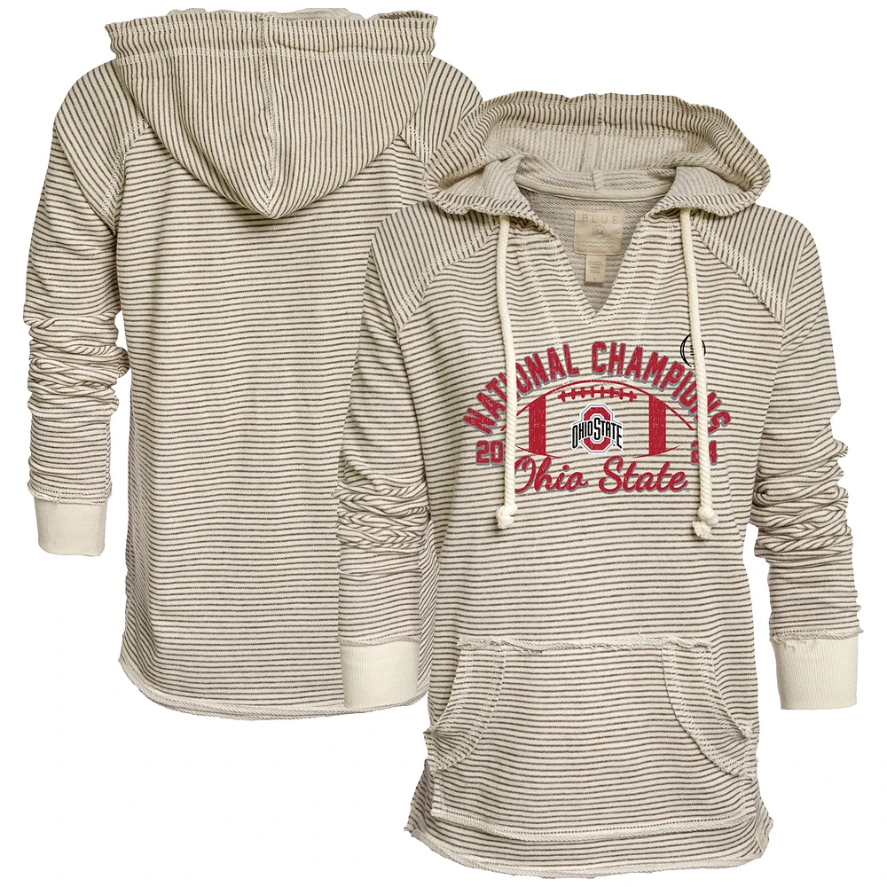 Women's Blue 84 Natural Ohio State Buckeyes College Football Playoff 2024 National Champions Striped French Terry V-Neck Pullover Hoodie