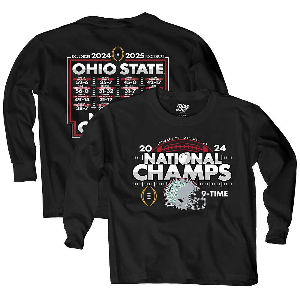 Youth Blue 84 Black Ohio State Buckeyes College Football Playoff 2024 National Champions Schedule Long Sleeve T-Shirt