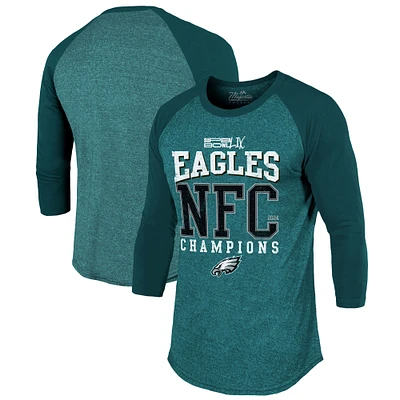 Men's Majestic Threads  Midnight Green Philadelphia Eagles 2024 NFC Champions 3/4-Sleeve Raglan Tri-Blend T-Shirt