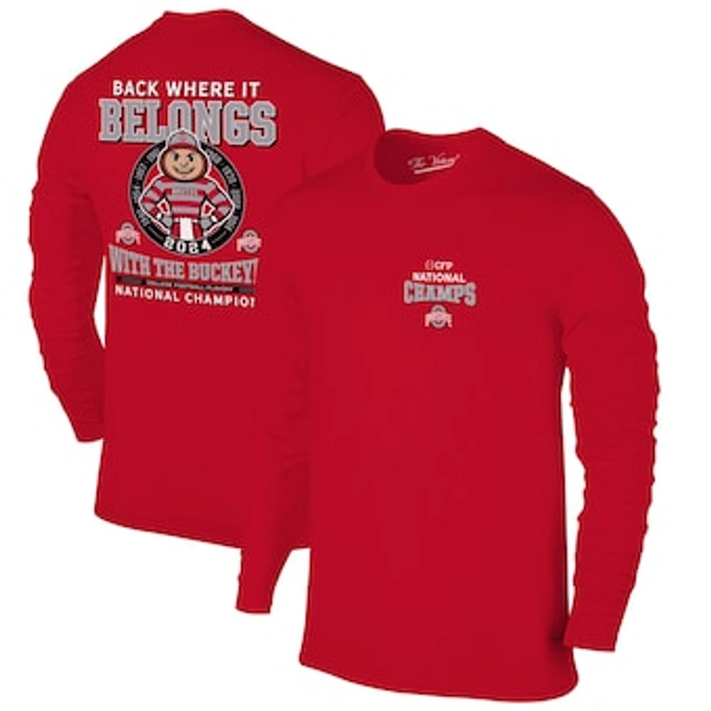 Men's  Scarlet Ohio State Buckeyes College Football Playoff 2024 National Champions Mascot Long Sleeve T-Shirt