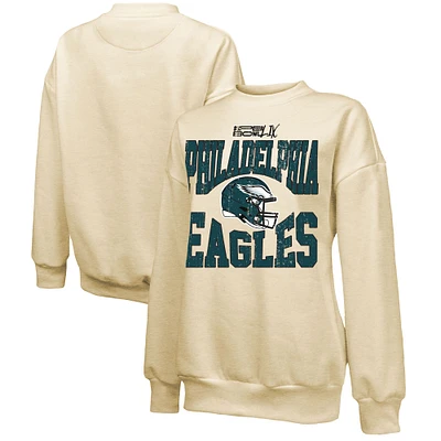 Women's Majestic Threads Cream Philadelphia Eagles Super Bowl LIX Fadeaway Helmet Oversized Tri-Blend Pullover Sweatshirt