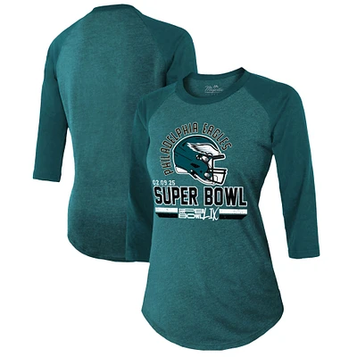 Women's Majestic Threads Midnight Green Philadelphia Eagles Super Bowl LIX Hard Count Tri-Blend Raglan 3/4-Sleeve T-Shirt