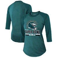 Women's Majestic Threads Midnight Green Philadelphia Eagles Super Bowl LIX Hard Count Tri-Blend Raglan 3/4-Sleeve T-Shirt