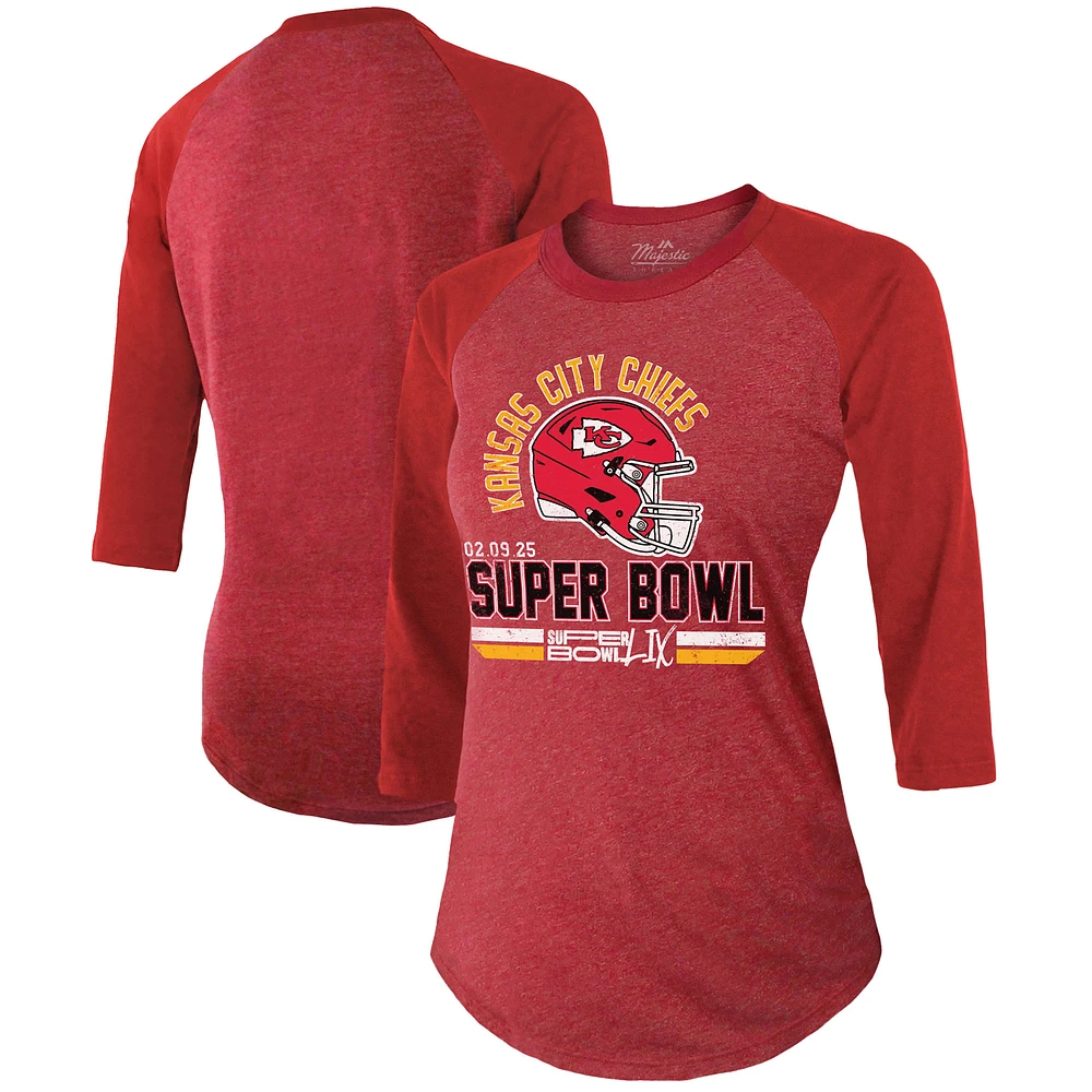 Women's Majestic Threads Red Kansas City Chiefs Super Bowl LIX Hard Count Tri-Blend Raglan 3/4-Sleeve T-Shirt