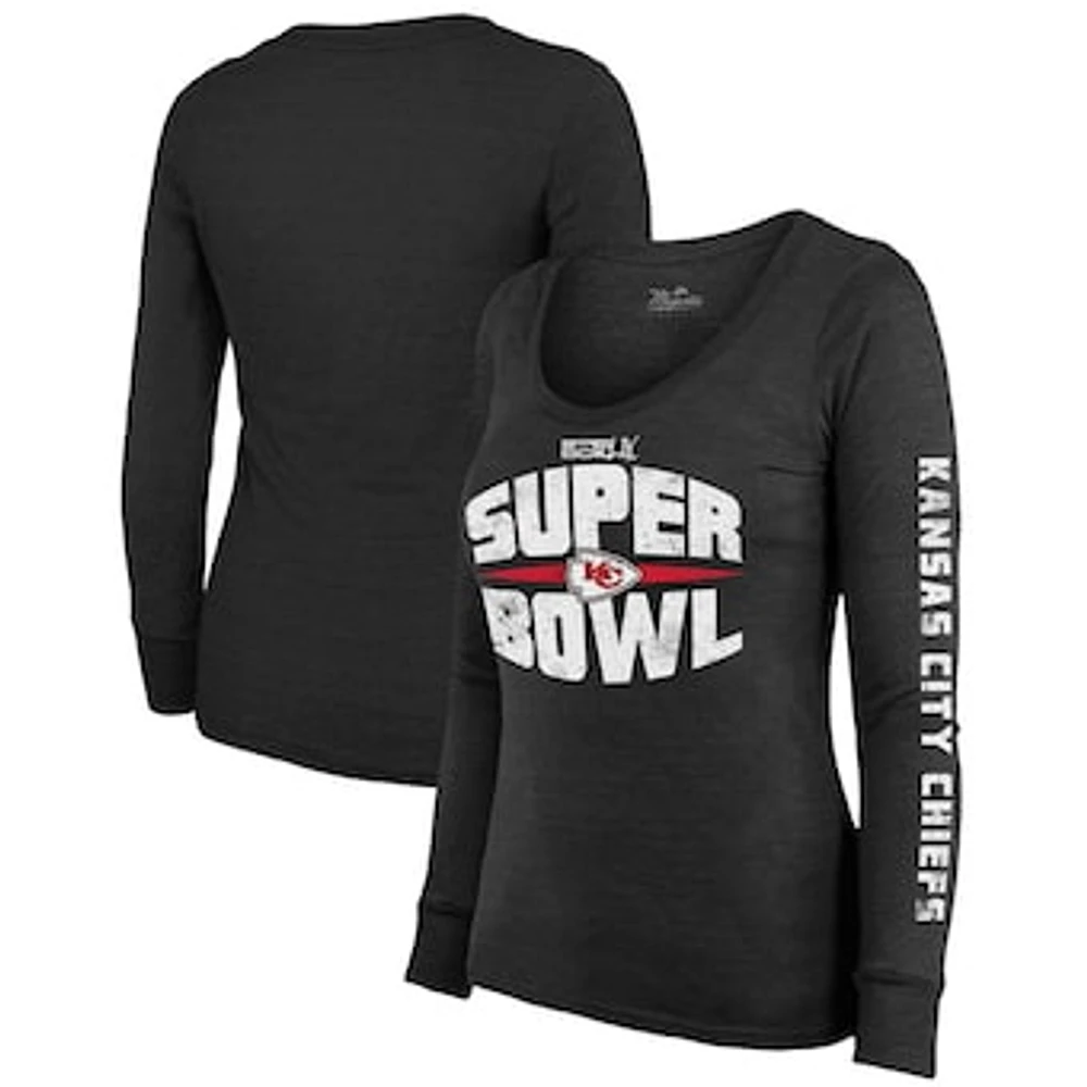 Women's Majestic Threads Black Kansas City Chiefs Super Bowl LIX Franklin Tri-Blend Long Sleeve Scoop Neck T-Shirt