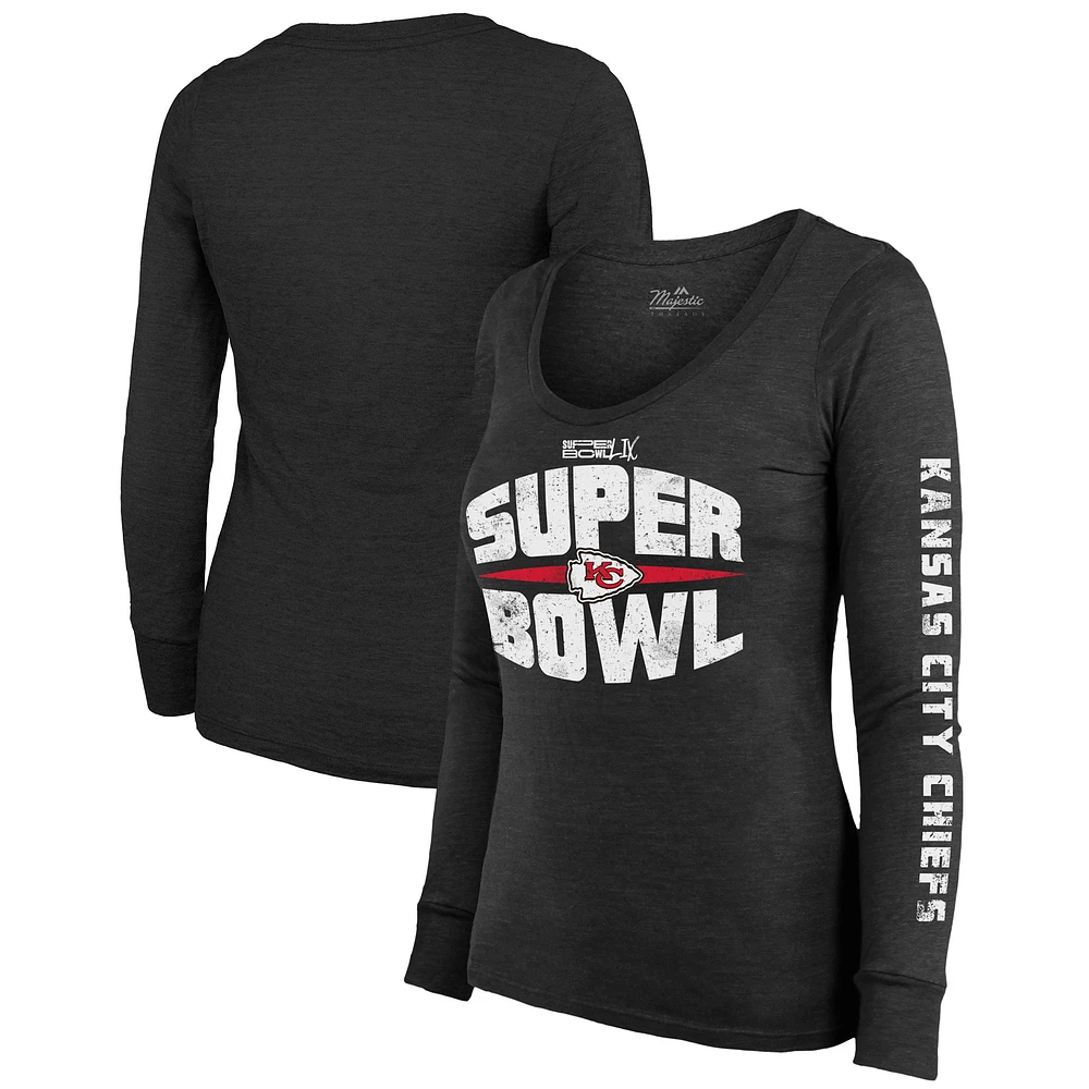 Women's Majestic Threads Black Kansas City Chiefs Super Bowl LIX Franklin Tri-Blend Long Sleeve Scoop Neck T-Shirt