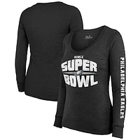 Women's Majestic Threads Black Philadelphia Eagles Super Bowl LIX Franklin Tri-Blend Long Sleeve Scoop Neck T-Shirt