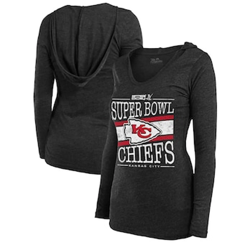 Women's Majestic Threads Heather Charcoal Kansas City Chiefs Super Bowl LIX Dapper Tri-Blend V-Neck Long Sleeve Hoodie T-Shirt