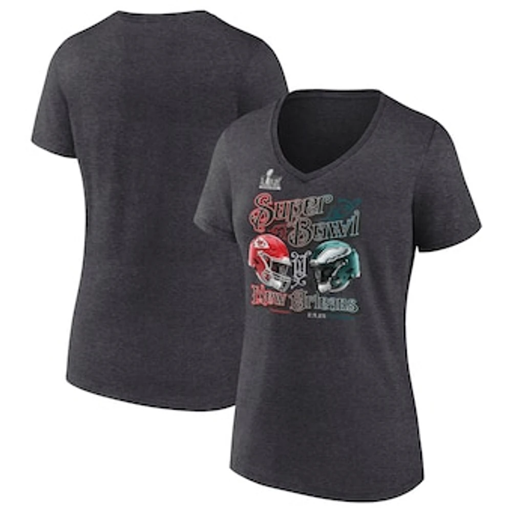 Women's Fanatics Heather Charcoal Kansas City Chiefs vs. Philadelphia Eagles Super Bowl LIX Matchup Plus Final Battle V-Neck T-Shirt