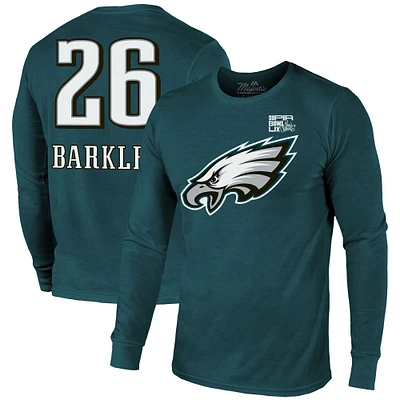 Men's Majestic Threads Saquon Barkley Midnight Green Philadelphia Eagles Super Bowl LIX Player Name & Number Tri-Blend Long Sleeve T-Shirt