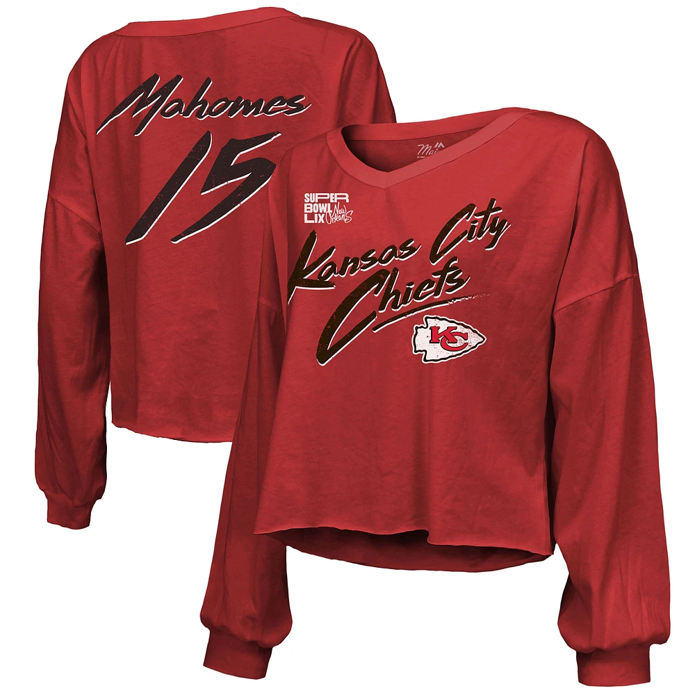 Women's Majestic Threads Patrick Mahomes Red Kansas City Chiefs Super Bowl LIX Name & Number Off-Shoulder Script Long Sleeve V-Neck T-Shirt