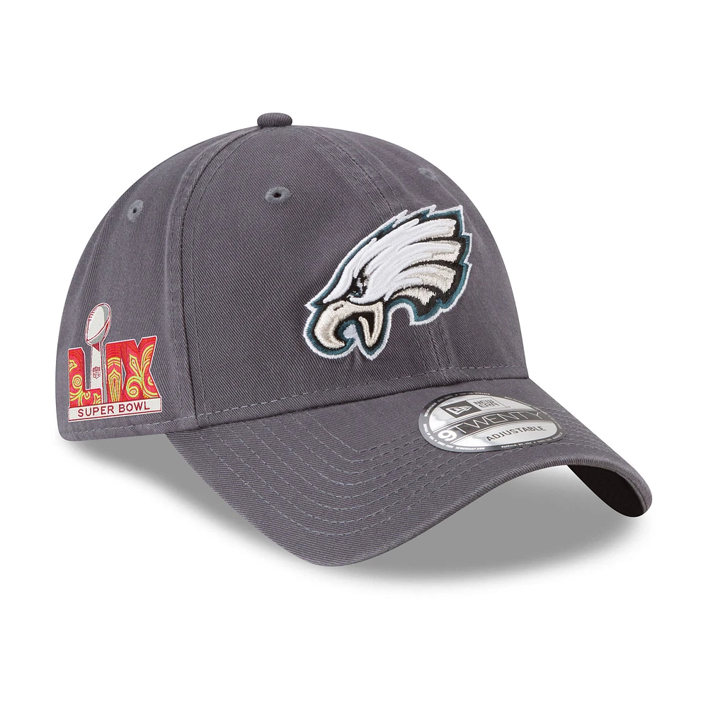 Men's New Era Graphite Philadelphia Eagles Super Bowl LIX Side Patch 9TWENTY Adjustable Hat