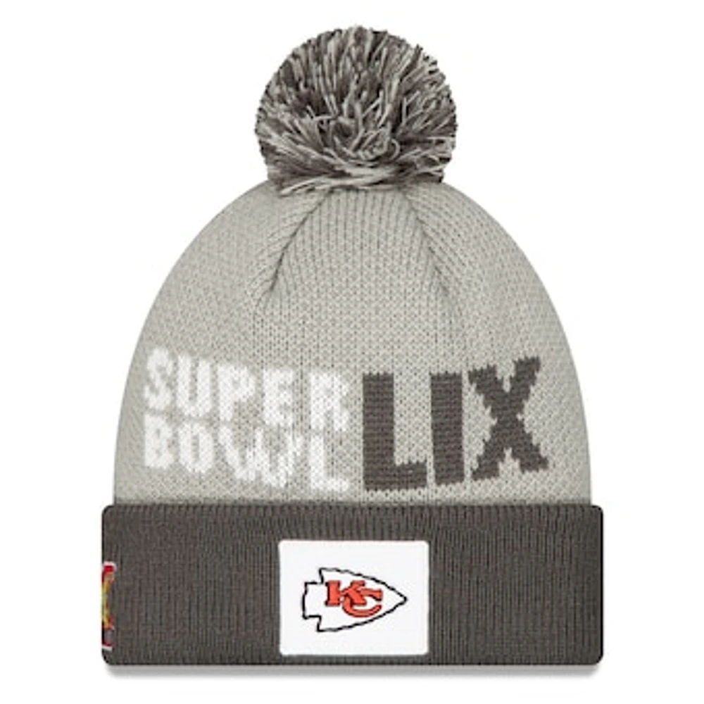 Men's New Era Gray Kansas City Chiefs Super Bowl LIX Opening Night Knit Hat with Pom