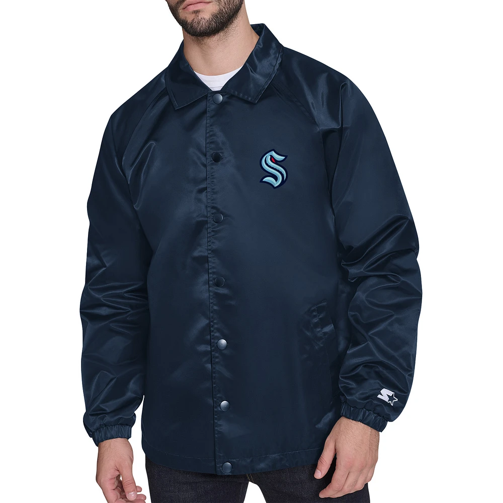 Men's Starter Deep Sea Blue Seattle Kraken Retro Logo Raglan Coaches Full-Snap Jacket