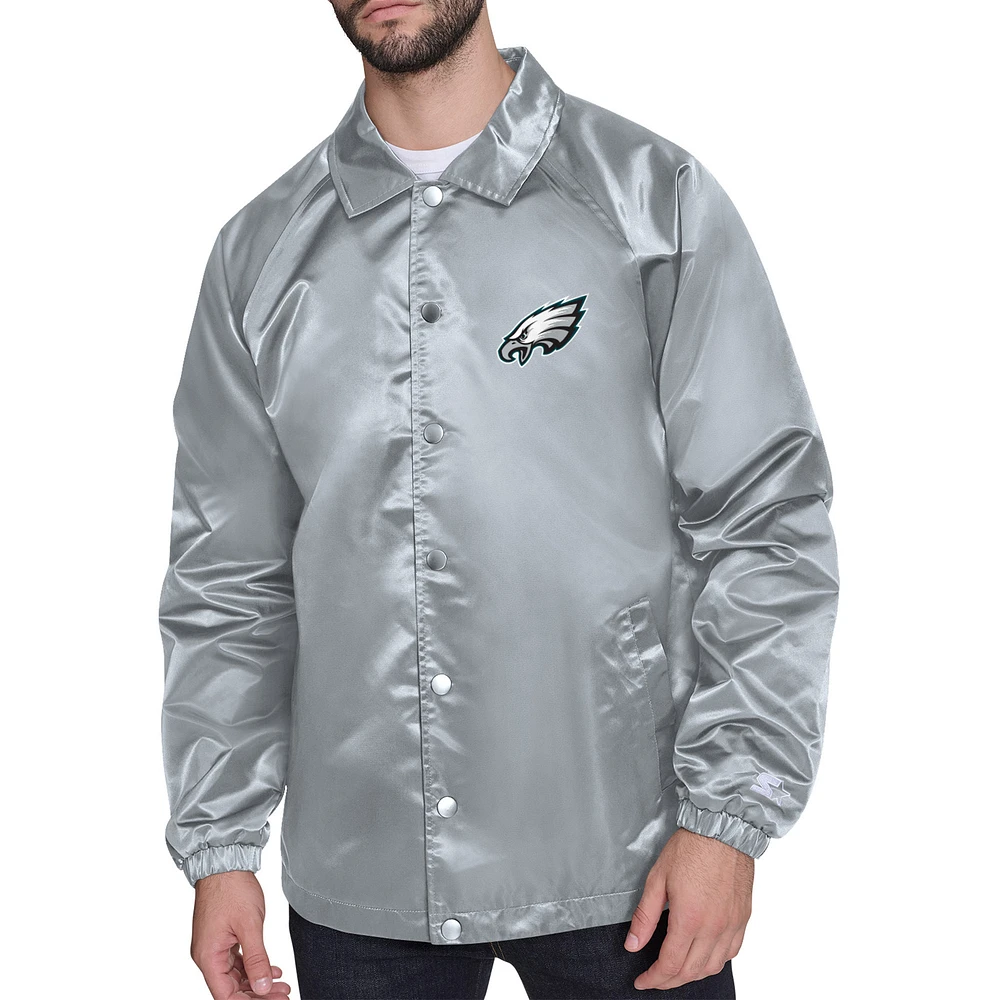 Men's Starter Gray Philadelphia Eagles Retro Logo Raglan Coaches Full-Snap Jacket