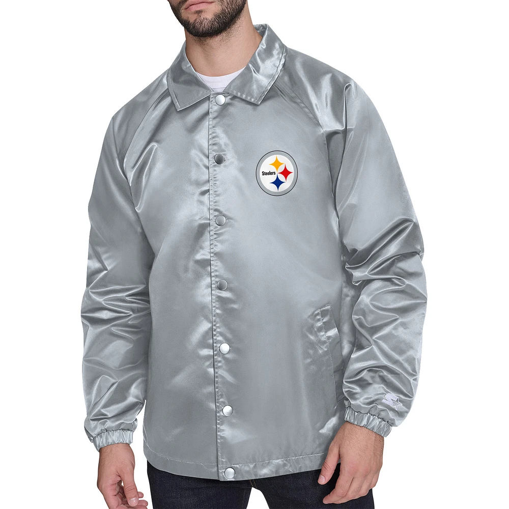 Men's Starter Gray Pittsburgh Steelers Retro Logo Raglan Coaches Full-Snap Jacket