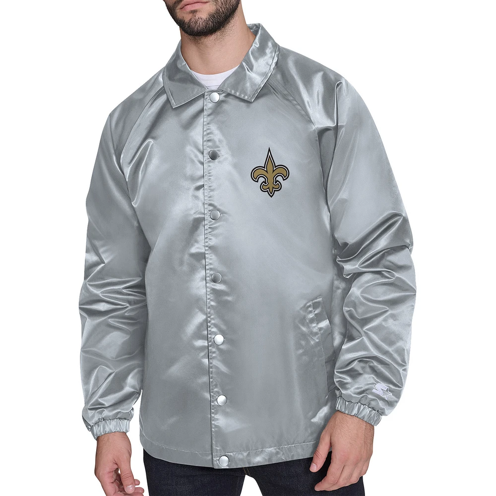 Men's Starter Gray New Orleans Saints Retro Logo Raglan Coaches Full-Snap Jacket