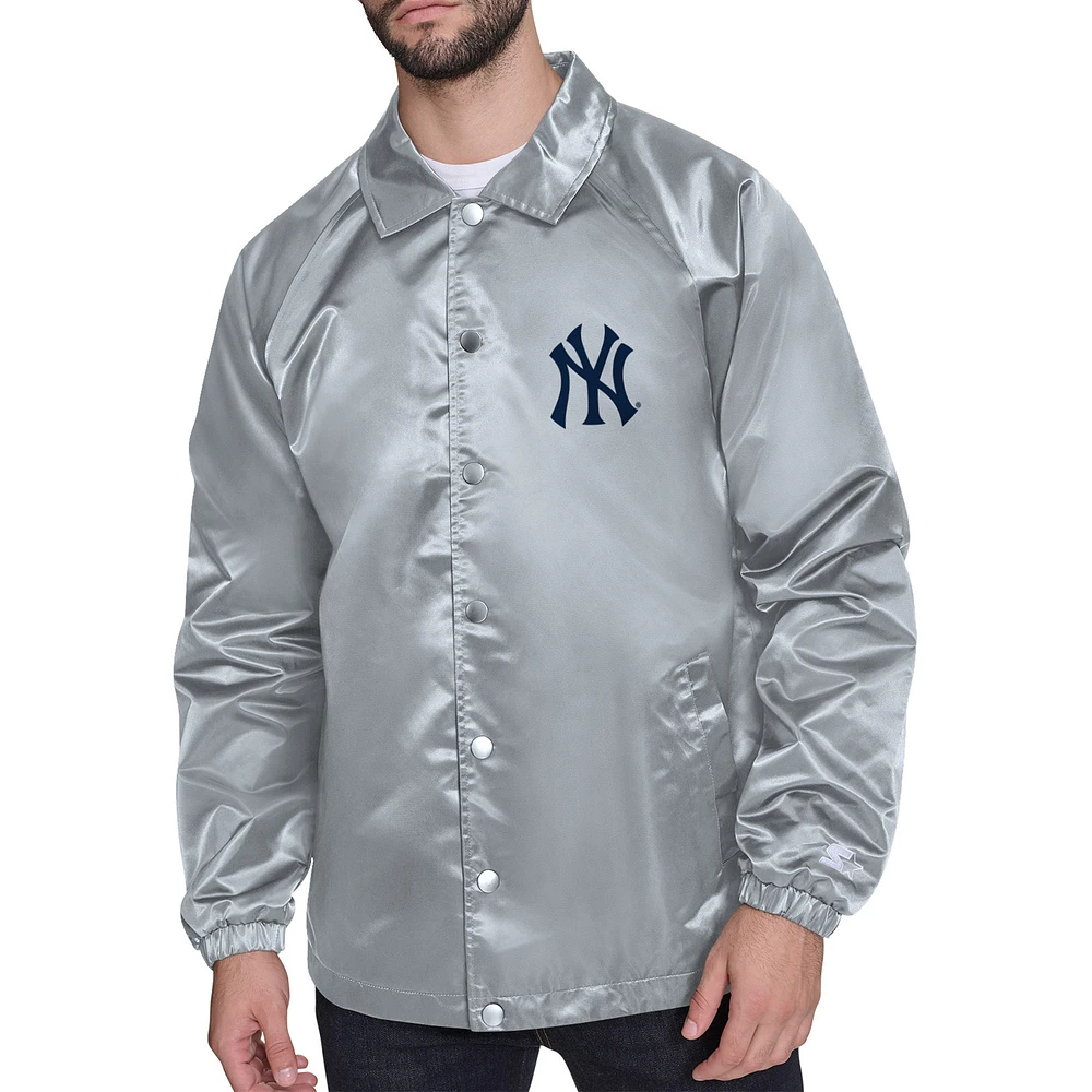 Men's Starter Gray New York Yankees Retro Logo Raglan Coaches Full-Snap Jacket