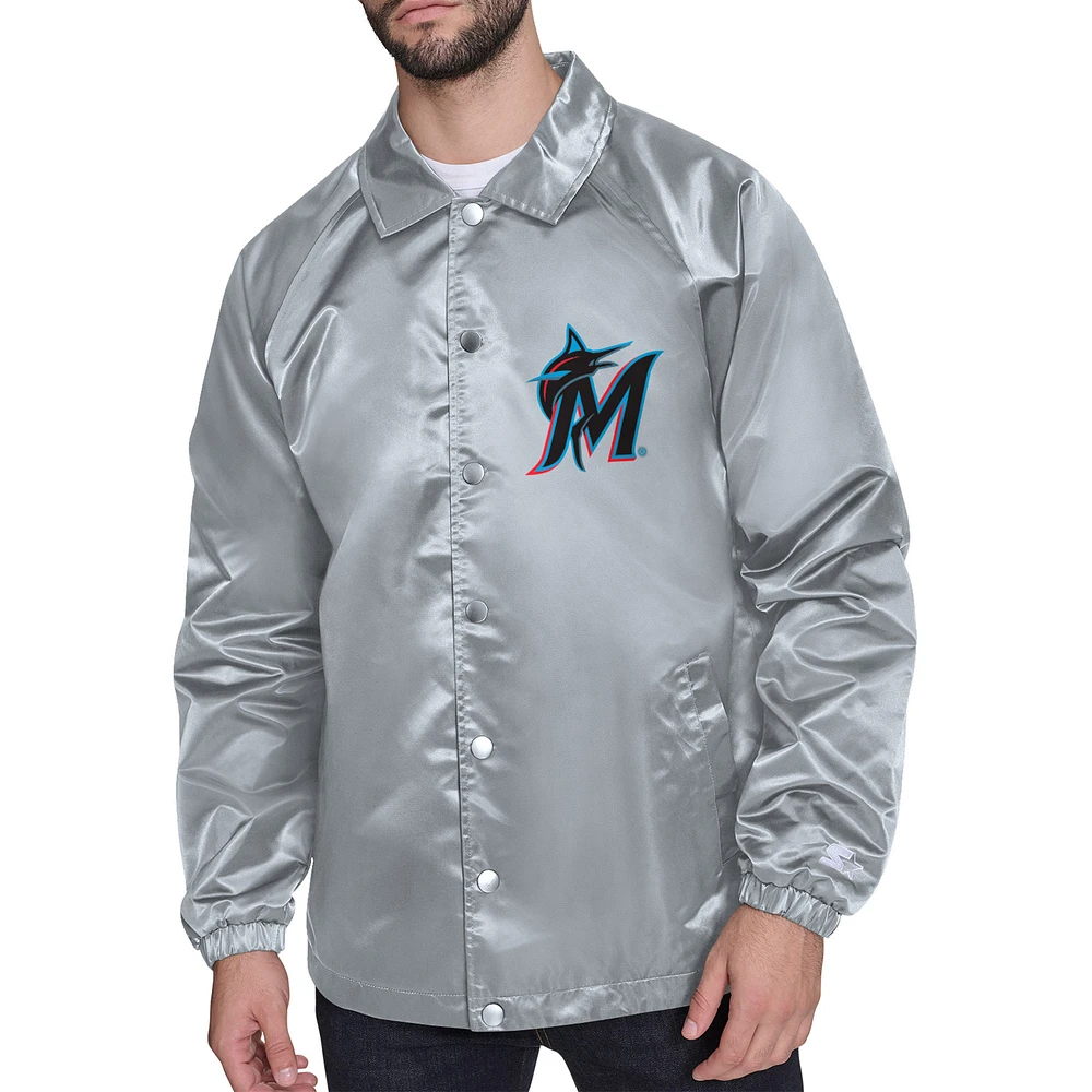 Men's Starter Gray Miami Marlins Retro Logo Raglan Coaches Full-Snap Jacket