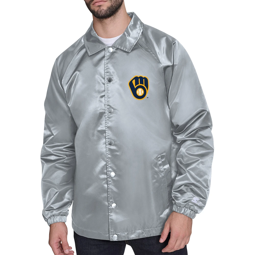 Men's Starter Gray Milwaukee Brewers Retro Logo Raglan Coaches Full-Snap Jacket