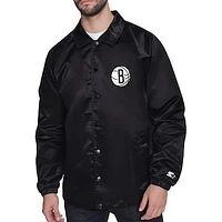 Men's Starter Black Brooklyn Nets Retro Logo Raglan Coaches Full-Snap Jacket