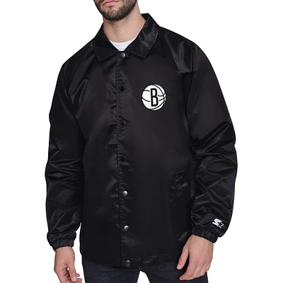 Men's Starter Black Brooklyn Nets Retro Logo Raglan Coaches Full-Snap Jacket