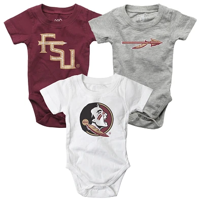 Infant Wes & Willy  Garnet/White/Heather Gray Florida State Seminoles Three-Pack Bodysuit Set