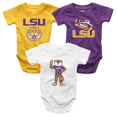 Infant Wes & Willy  Purple/White/Gold LSU Tigers Three-Pack Bodysuit Set