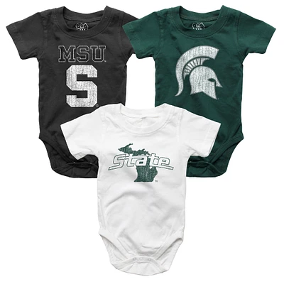 Infant Wes & Willy  Green/White/Black Michigan State Spartans Three-Pack Bodysuit Set