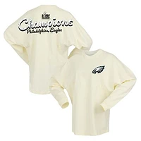 Women's Fanatics  Cream Philadelphia Eagles Super Bowl LIX Champions Sparkle Spirit Jersey Oversized Long Sleeve T-Shirt