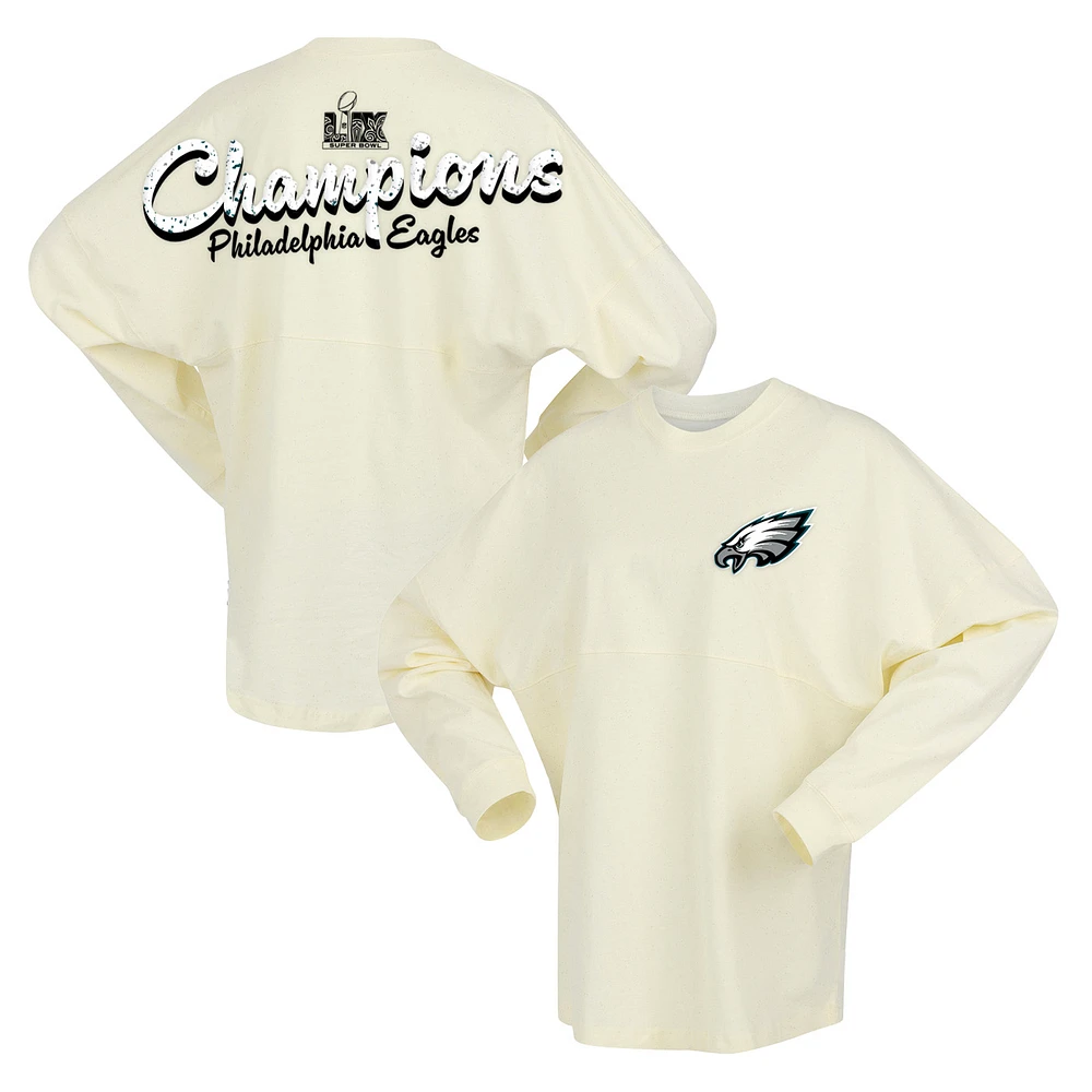 Women's Fanatics Cream Philadelphia Eagles Super Bowl LIX Champions Sparkle Spirit Jersey Oversized Long Sleeve T-Shirt