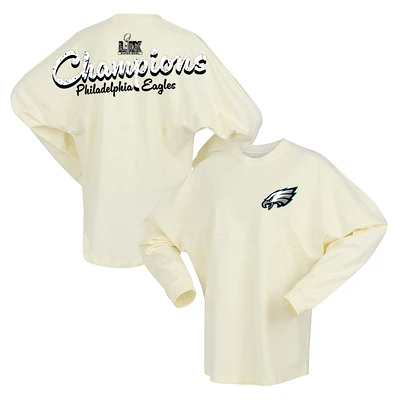 Women's Fanatics  Cream Philadelphia Eagles Super Bowl LIX Champions Sparkle Spirit Jersey Oversized Long Sleeve T-Shirt