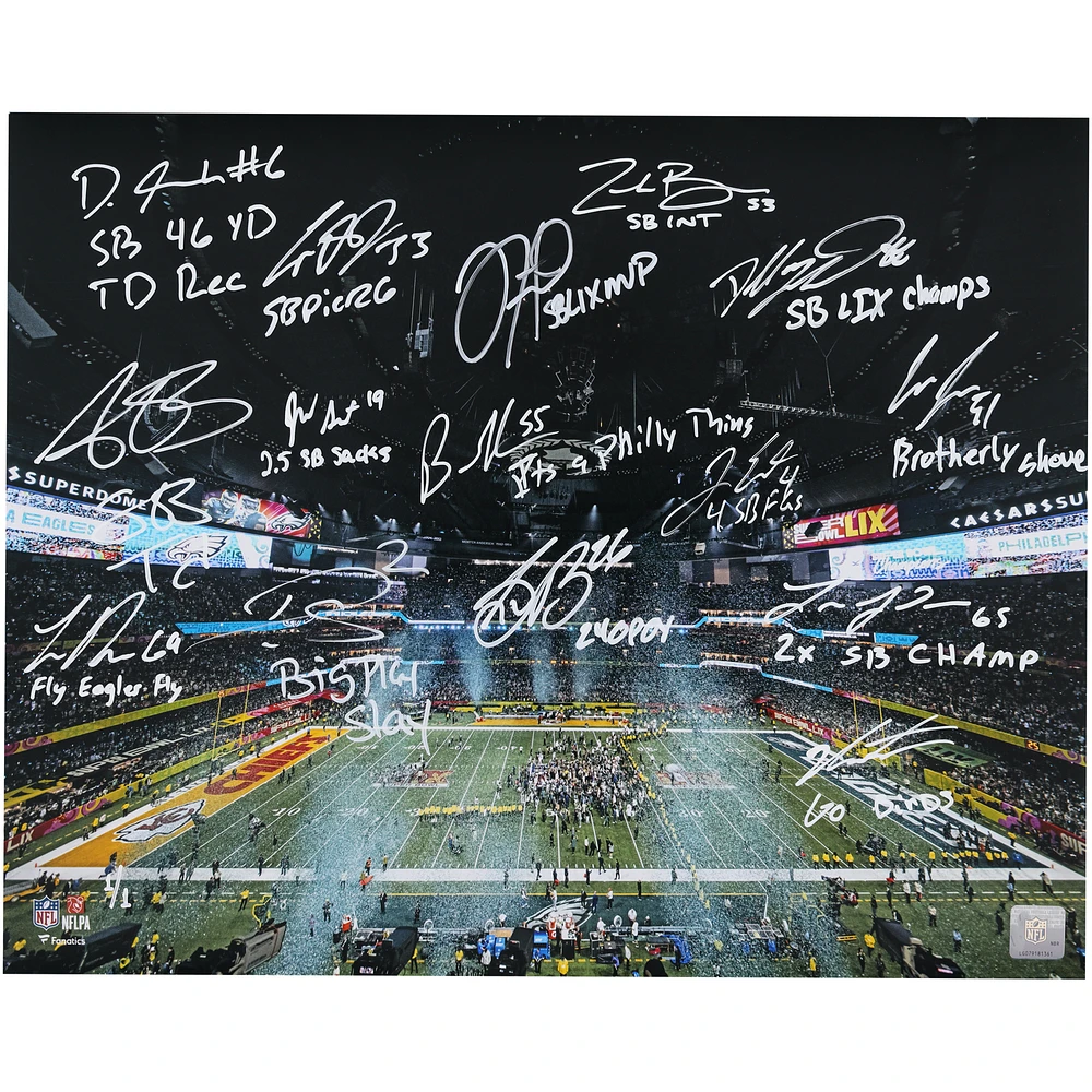 Philadelphia Eagles Autographed 16" x 20" Super Bowl LIX Photograph with 15 Signatures & Multiple Inscriptions - Signed in White Ink - Limited Edition #1/1
