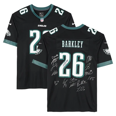Philadelphia Eagles Super Bowl LIX Champions Autographed Black Nike Saquon Barkley Game Jersey with 15 Signatures