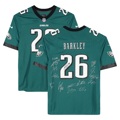 Philadelphia Eagles Super Bowl LIX Champions Autographed Midnight Green Nike Saquon Barkley Game Jersey with 15 Signatures