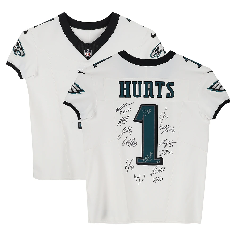 Philadelphia Eagles Super Bowl LIX Champions Autographed White Nike Jalen Hurts Elite Jersey with 15 Signatures - Limited Edition #1/50