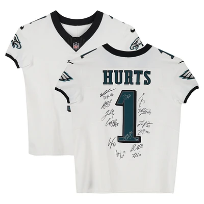 Philadelphia Eagles Super Bowl LIX Champions Autographed White Nike Jalen Hurts Elite Jersey with 15 Signatures - Limited Edition #1/50