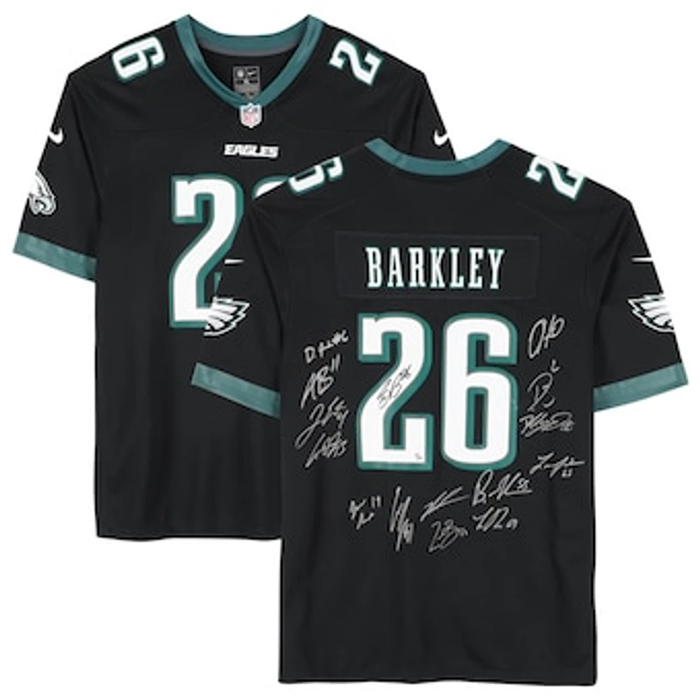 Philadelphia Eagles Super Bowl LIX Champions Autographed Black Nike Saquon Barkley Game Jersey with 15 Signatures - Limited Edition of 10