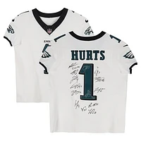 Philadelphia Eagles Autographed Super Bowl LIX Champions Nike White #1 Hurts Elite Jersey with at least 10 Signatures featuring Jalen Hurts, DeVonta Smith, Cooper DeJean, Dallas Goedert, Saquon Barkley & More! - Limited Edition of 50