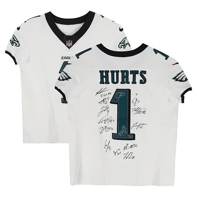 Philadelphia Eagles Autographed Super Bowl LIX Champions Nike White #1 Hurts Elite Jersey with at least 10 Signatures featuring Jalen Hurts, DeVonta Smith, Cooper DeJean, Dallas Goedert, Saquon Barkley & More! - Limited Edition of 50