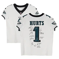 Philadelphia Eagles Autographed Super Bowl LIX Champions Nike White #1 Hurts Elite Jersey with at least 10 Signatures featuring Jalen Hurts, DeVonta Smith, Cooper DeJean, Dallas Goedert, Saquon Barkley & More! - Limited Edition of 50