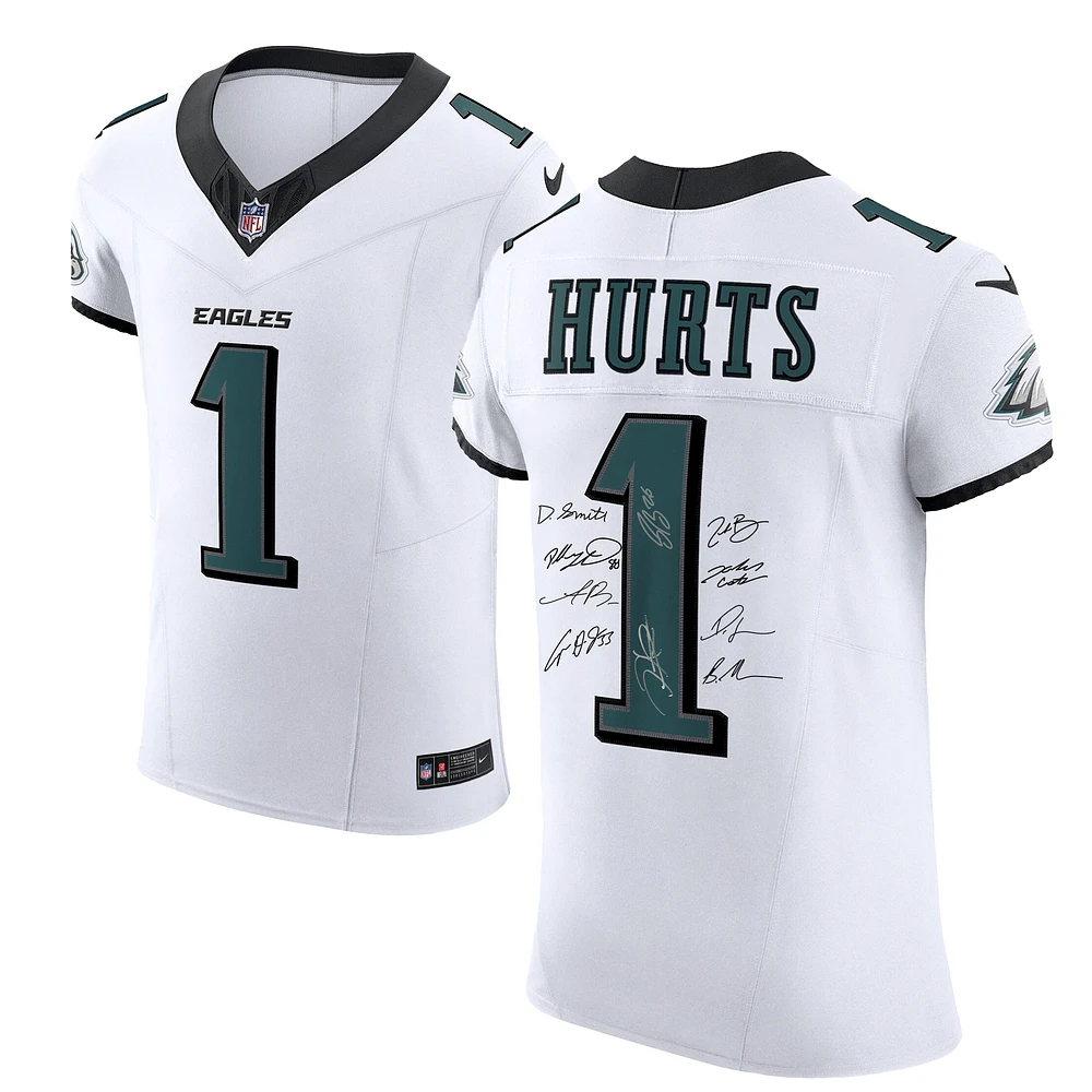 Philadelphia Eagles Autographed Super Bowl LIX Champions Nike White #1 Hurts Elite Jersey with at least 10 Signatures featuring Jalen Hurts, DeVonta Smith, Cooper DeJean, Dallas Goedert, Saquon Barkley & More! - Limited Edition of 50