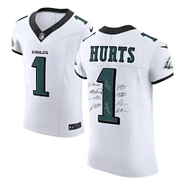 Philadelphia Eagles Autographed Super Bowl LIX Champions Nike White #1 Hurts Elite Jersey with at least 10 Signatures featuring Jalen Hurts, DeVonta Smith, Cooper DeJean, Dallas Goedert, Saquon Barkley & More! - Limited Edition of 50