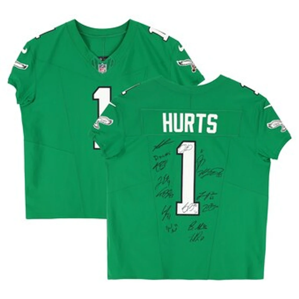 Philadelphia Eagles Super Bowl LIX Champions Autographed Kelly Green Nike Jalen Hurts Throwback Vapor F.U.S.E. Jersey with 15 Signatures