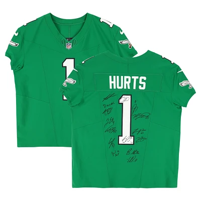 Philadelphia Eagles Super Bowl LIX Champions Autographed Kelly Green Nike Jalen Hurts Throwback Vapor F.U.S.E. Jersey with 15 Signatures