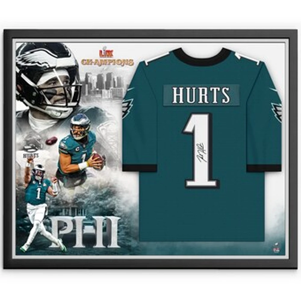 Jalen Hurts Philadelphia Eagles Autographed Super Bowl LIX Champions Framed Nike Midnight Green Game Jersey Collage