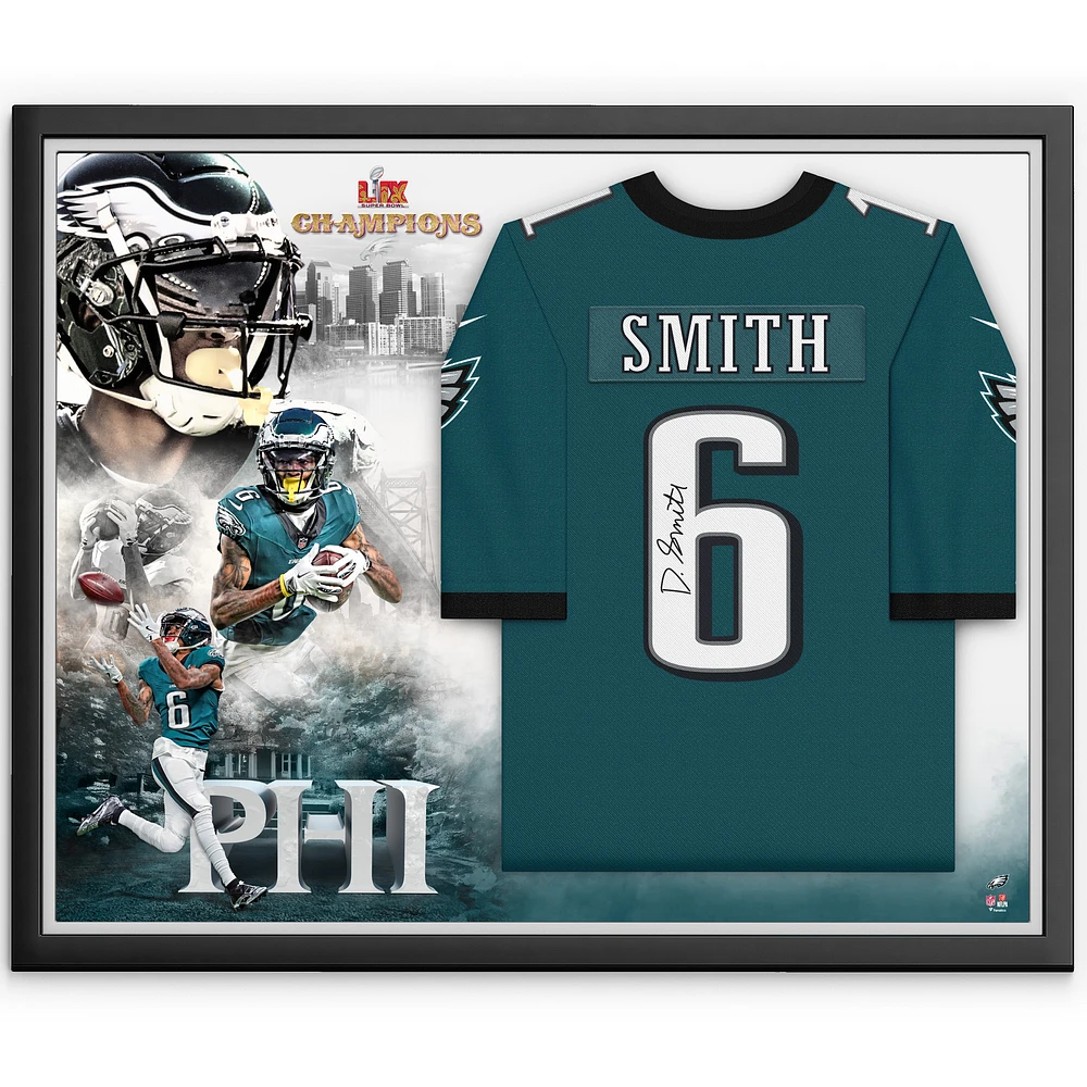 DeVonta Smith Philadelphia Eagles Autographed Super Bowl LIX Champions Framed Nike Midnight Green Game Jersey Collage