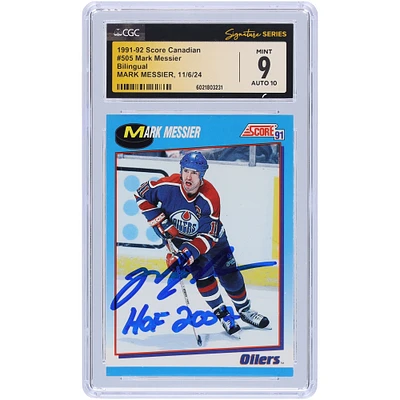 Mark Messier Edmonton Oilers Autographed 1991-92 Score Canadian Bilingual #505 CGC Fanatics Witnessed Authenticated 9/10 Card with "HOF 2007" Inscription