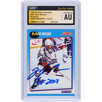 Mark Messier New York Rangers Autographed 1991-92 Score Canadian Bilingual #635 CGC Fanatics Witnessed Authenticated Card with "HOF 2007" Inscription
