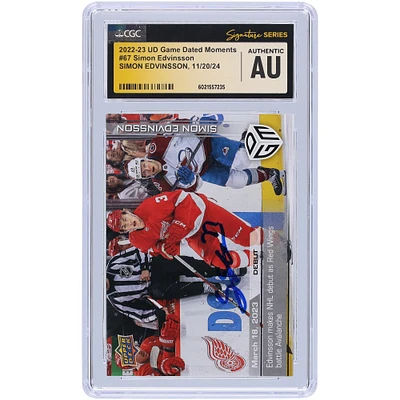 Simon Edvinsson Detroit Red Wings Autographed 2022-23 Upper Deck Game Dated Moments Makes NHL Debut As Red Wings Battle Avalanche #67 #/1199 CGC Fanatics Witnessed Authenticated Rookie Card